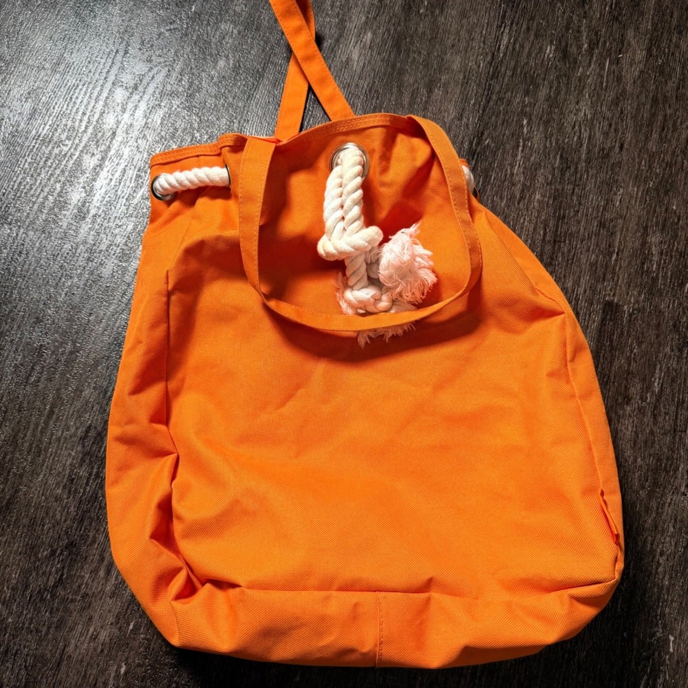 Clinique Bucket Bag Orange Canvas Rope Drawstring Tropical Floral Tote Vintage